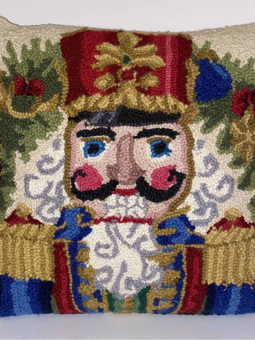 Vintage Wool Hooked Rug Tapestry Accent Pillow Nutcracker Holiday 18" X 18"